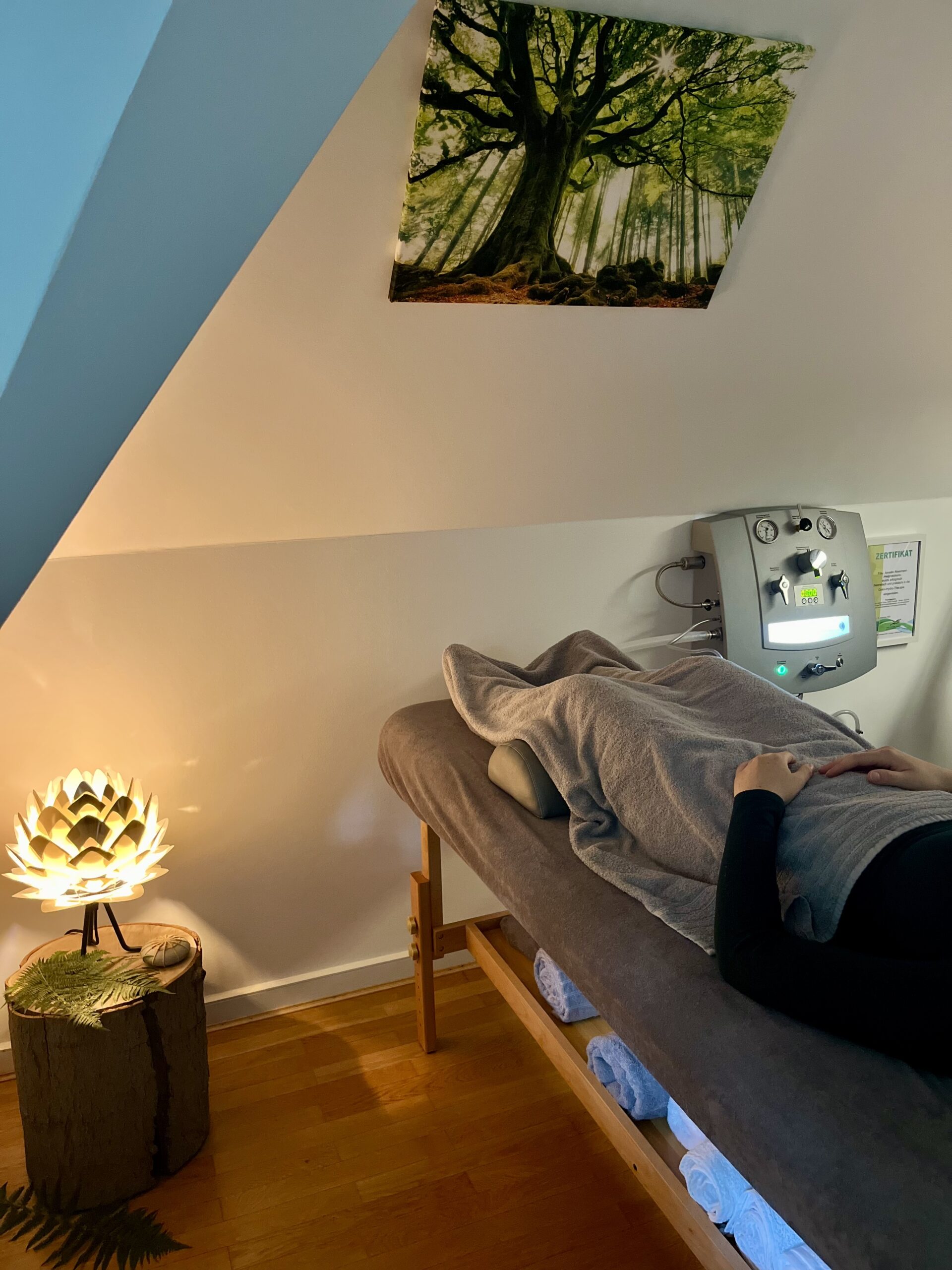 Blick auf die Behandlungsliege mit Colon-Hydro Gerät im Hintergrund